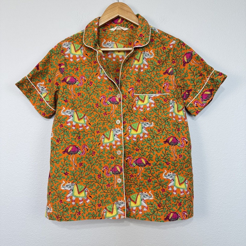 Printfresh Shirt Women's XS Orange Elephant Flamingo Pajama Top Short Sleeve